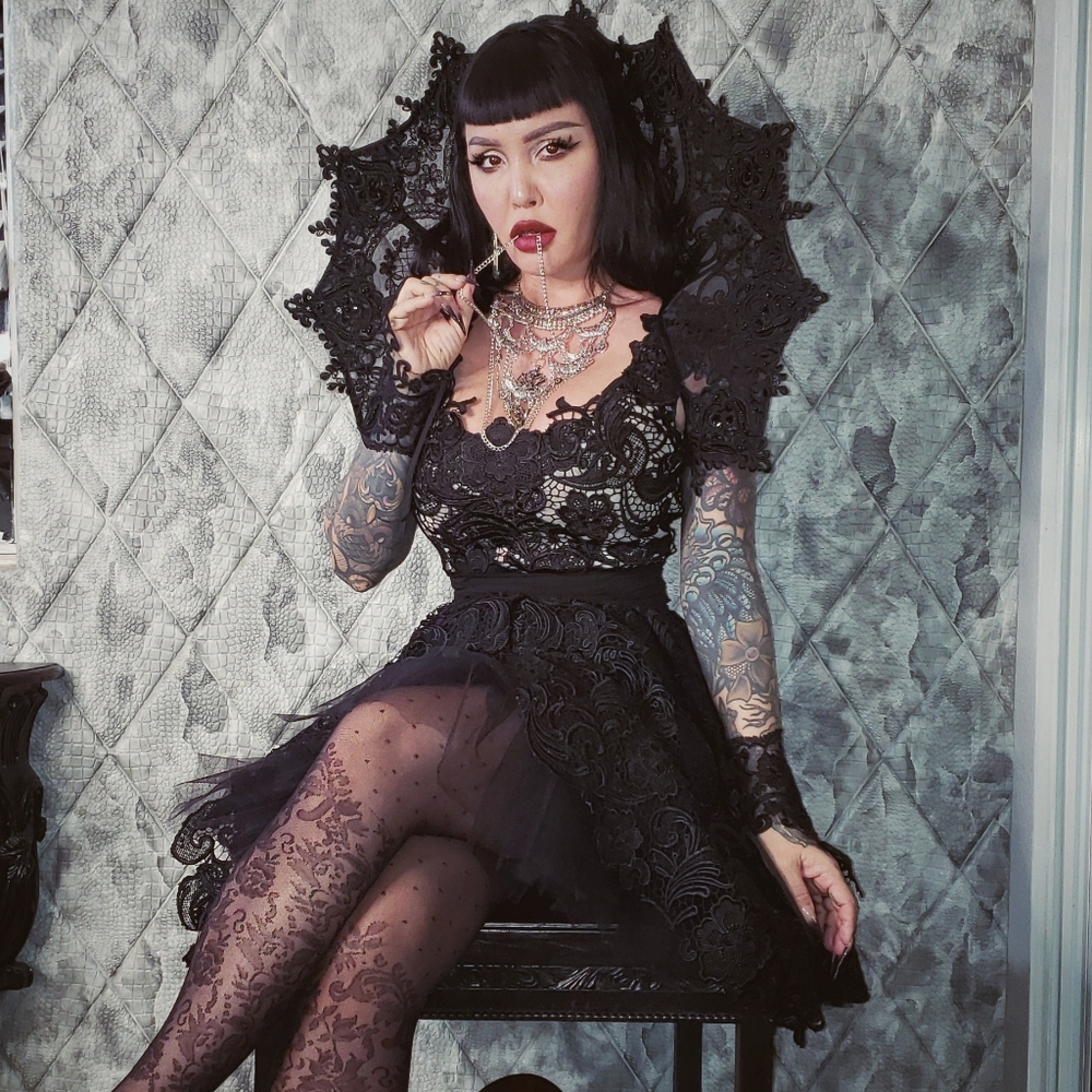 Black Lace Dress by Chotronette + Lace Collar + Lace Gauntlets by Videnoir